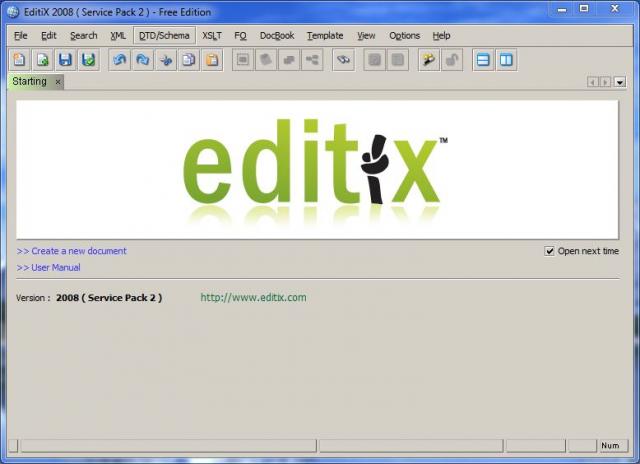 Page de démarrage de EditiX 2008 Lite Version